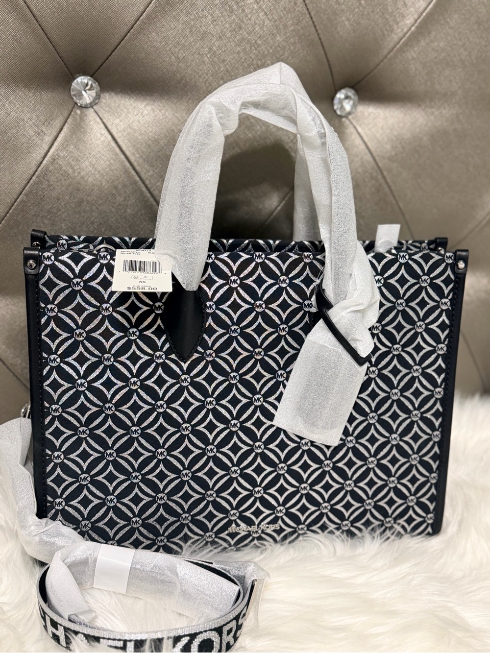 Michael Kors Mirella Black and White Silver Logo Tote